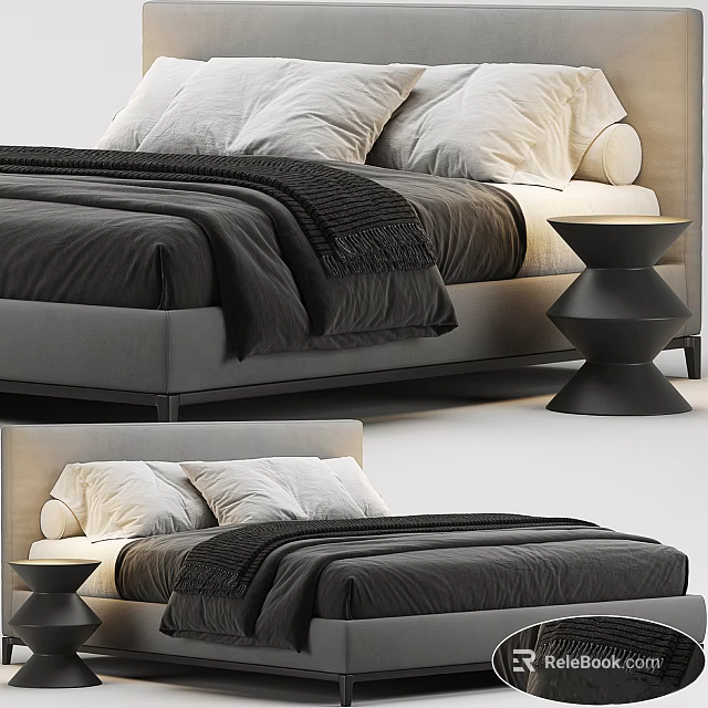 Modern Double Bed With Black Bedding White Pillows And Black Side Table 3d model