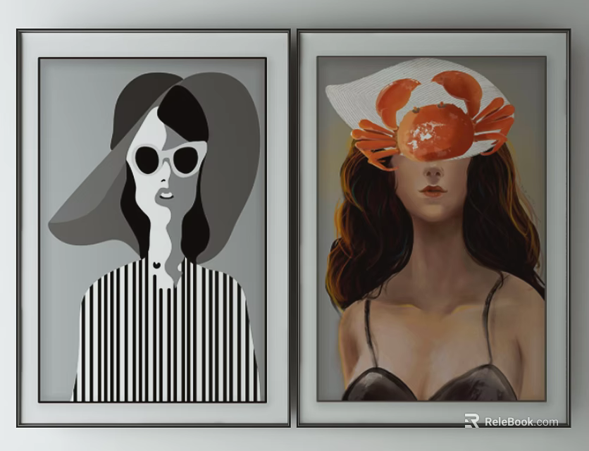Black White and Colorful Portrait Paintings with Hat Sunglasses Crab Striped Spaghetti Strap Tops 3d model 