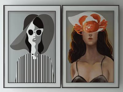 Black White and Colorful Portrait Paintings with Hat Sunglasses Crab Striped Spaghetti Strap Tops 3d model
