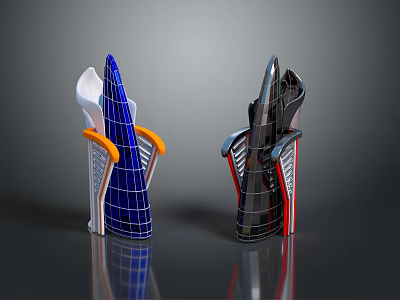 Cartoon Style Abstract Furniture Design With Two Colorful Grid Patterned Objects And Reflective Base 3d model