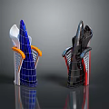Cartoon Style Abstract Furniture Design With Two Colorful Grid Patterned Objects And Reflective Base