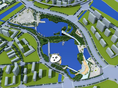 Scenic Urban Park Landscape With Large Lake Green Spaces Pedestrian Bridges And Paths 3d model