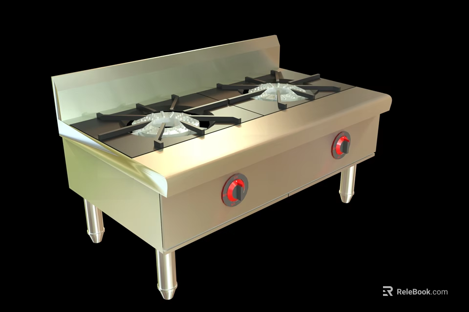 Stainless Steel Kitchen Gas Stove With Four Burners And Red Control Knobs 3d model 