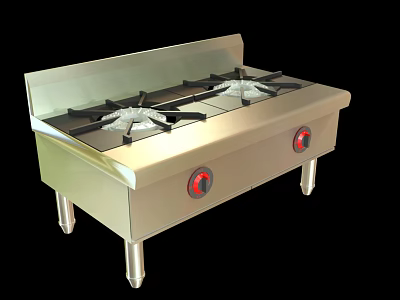 Stainless Steel Kitchen Gas Stove With Four Burners And Red Control Knobs 3d model