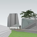 Modern Landscape Pavilion Featuring Geometric Glass Structure Green Lawn Trees And Clear Sky