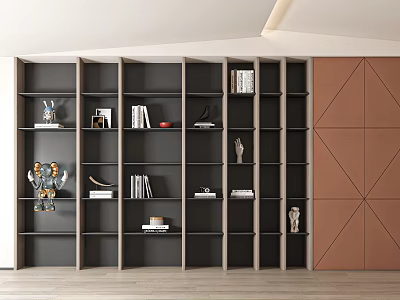 Modern Decorative Cabinet with Open Shelves Geometric Design Dark Gray Brown Ornaments and Books 3d model