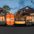 Large Traditional Orange Lanterns Illuminating Courtyard with Pool Trees and Architecture 3d model