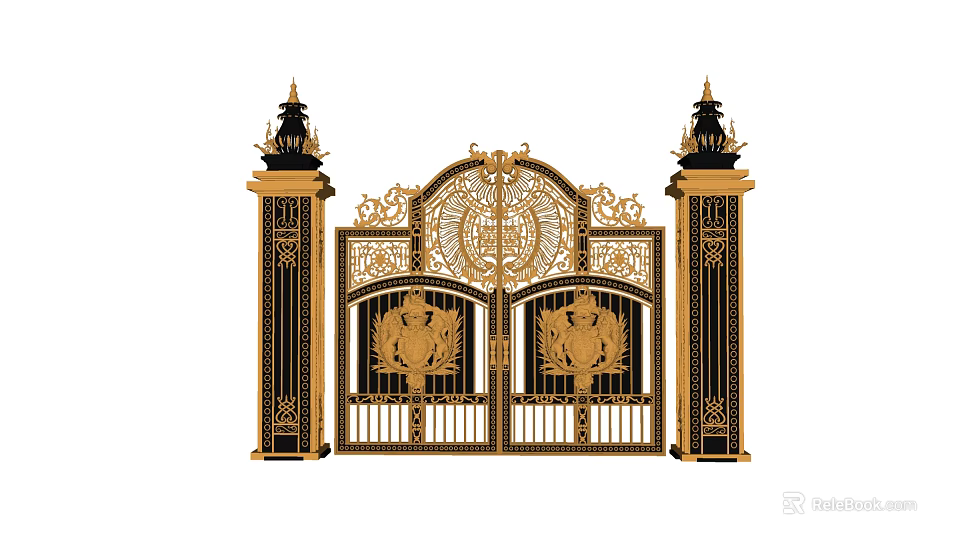 Luxury Ornate Gold Wrought Iron Gate With Carved Designs And Pillar Lamps 3d model 