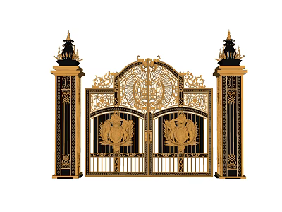 Luxury Ornate Gold Wrought Iron Gate With Carved Designs And Pillar Lamps 3d model