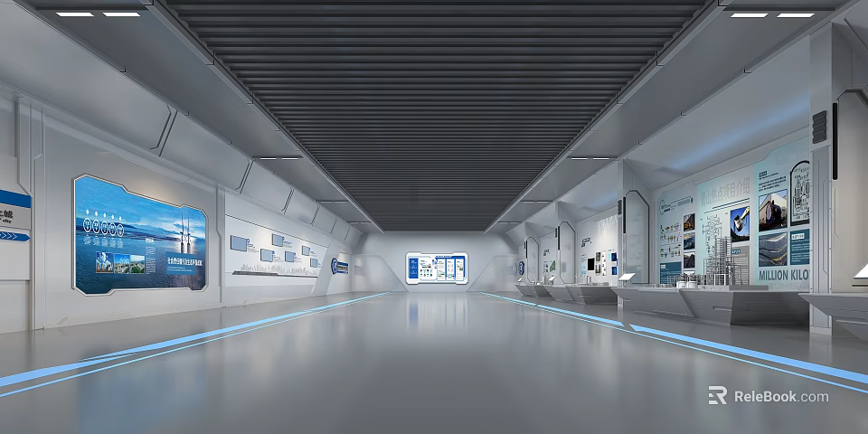 Modern Museum Architecture Interior Design With Spacious Halls Display Cases And Blue Lines 3d model