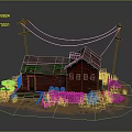 Dilapidated Red Cottage with Broken Roof and Wooden Fence Near Telephone Poles