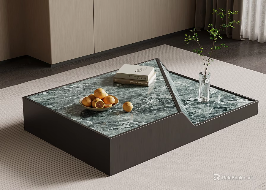 Stylish Marble Top Coffee Table With Black Base Fresh Fruits Book Vase And Green Plant 3d model 