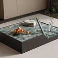 Stylish Marble Top Coffee Table With Black Base Fresh Fruits Book Vase And Green Plant