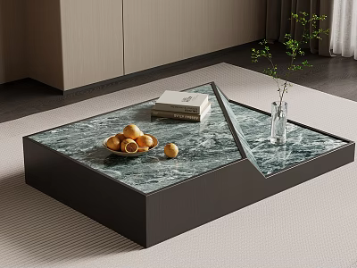 Stylish Marble Top Coffee Table With Black Base Fresh Fruits Book Vase And Green Plant 3d model