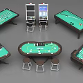 Casino Table and Chair Setup Including Poker Tables Roulette Layouts Stools and Slot Machine Seating