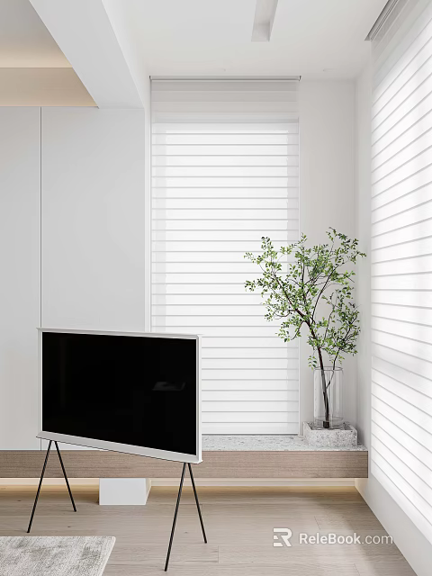 Minimalist Living Room with TV White Blinds Green Plant and Vase 3d model 
