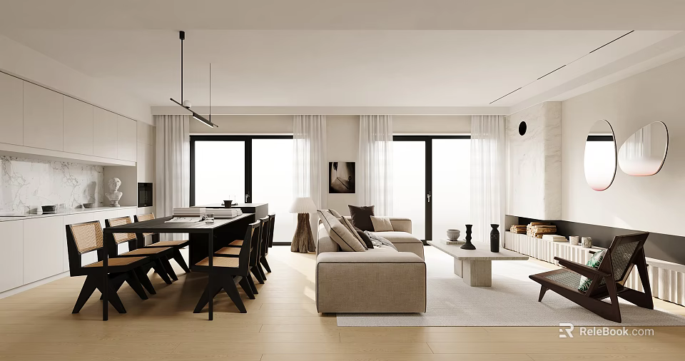 Modern Living Dining Room Interior With Sofa Dining Table Chairs Windows Fireplace And Pendant Lights 3d model 