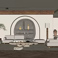 Modern Living Room Interior With Beige Sofa Round Arch Bookshelf And Green Plant