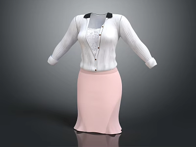 Women's White Striped Cardigan With Black Collar Lace Inner And Pink Skirt 3d model