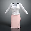 Women's White Striped Cardigan With Black Collar Lace Inner And Pink Skirt