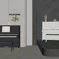 Elegant POLIFORM Black And White Acoustic Pianos With Music Sheets And Stools
