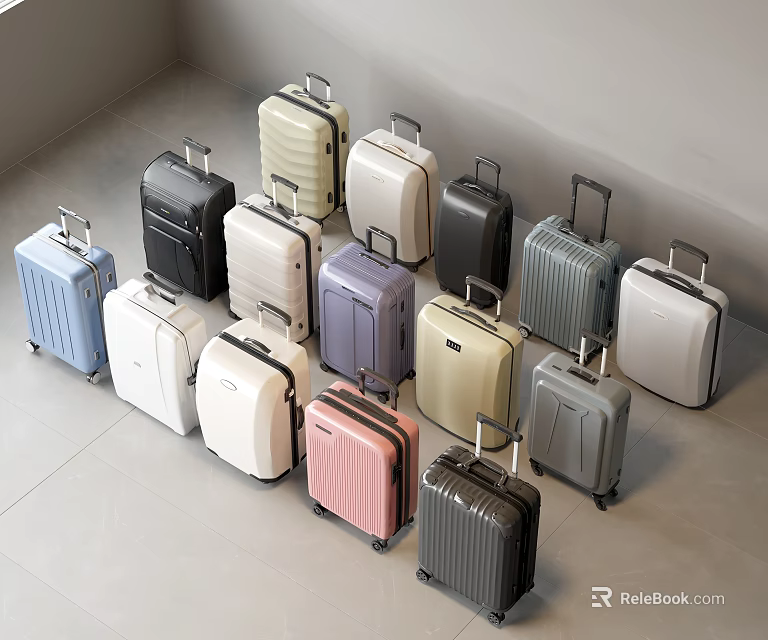 Assorted Colorful Suitcases In Different Styles Neatly Arranged On Gray Floor 3d model 
