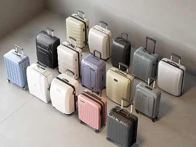 Assorted Colorful Suitcases In Different Styles Neatly Arranged On Gray Floor 3d model