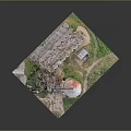 Tall Cylindrical Silos Storage Building With Round Red Roof Tank Green Grass Dirt Path