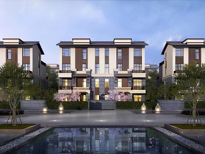 Modern Townhouse Exterior Design With Landscaped Garden Balconies And Reflective Pool 3d model