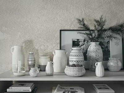 Ceramic Vessels Displayed On Shelf With Neutral Wall Decorative Plants And Framed Art 3d model