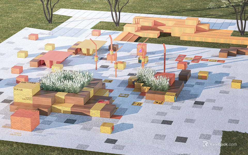 Creative Cube Shaped Outdoor Landscape Seats With Green Plants And Paved Ground 3d model 