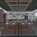 Spacious Restaurant Interior With Wooden Tables Benches Pendant Lights And Open Layout