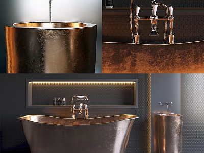 Copper Freestanding Bathtub in Modern Bathroom Interior with Stylish Faucet and Textured Wall Design 3d model