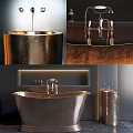 Copper Freestanding Bathtub in Modern Bathroom Interior with Stylish Faucet and Textured Wall Design