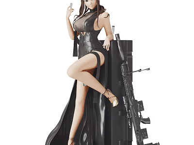 Stylish Female Figure In Black Long Dress With High Heels And Rifle 3d model