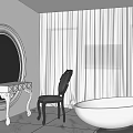 Luxurious Bathroom Interior Featuring Round Mirror White Vanity Dark Chair White Bathtub and Marble Floor