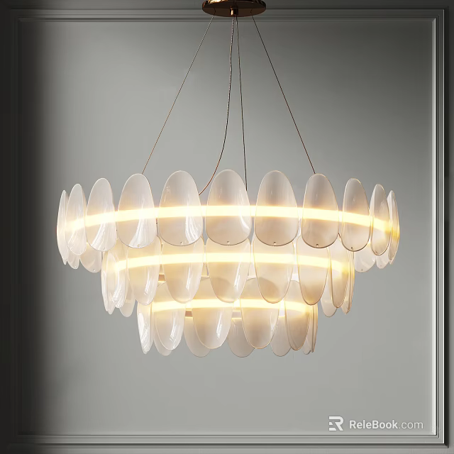 Modern Layered Chandelier With Oval Frosted Glass Panels And Warm Illuminated Light 3d model 