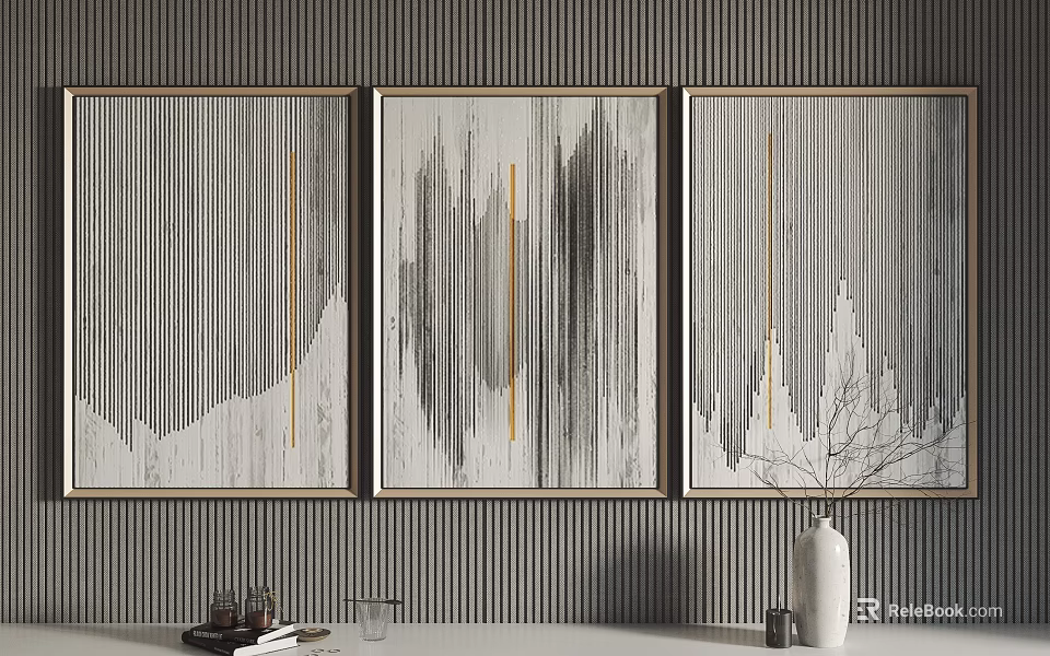 Three Decorative Paintings With Golden Frames On Gray Striped Wall And White Vase 3d model 