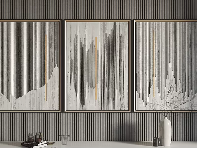 Three Decorative Paintings With Golden Frames On Gray Striped Wall And White Vase 3d model
