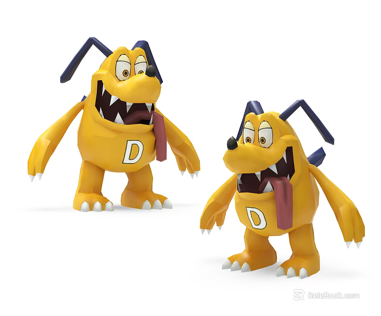 Yellow Dog Dolls with Blue Ears Letter D on Chest Two Playful Figures Open Mouths 3d model 