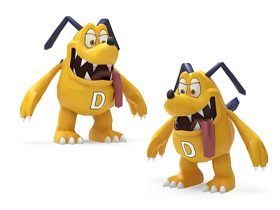 Yellow Dog Dolls with Blue Ears Letter D on Chest Two Playful Figures Open Mouths 3d model