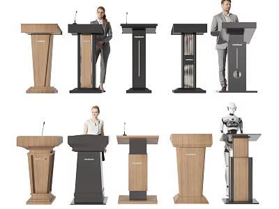Functional Podium In Various Styles Wooden And Black Finishes With Human Figures For Presentations 3d model