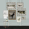 Artistic Wall Decor with Various Framed Paintings and Side Table Lamp 3d model