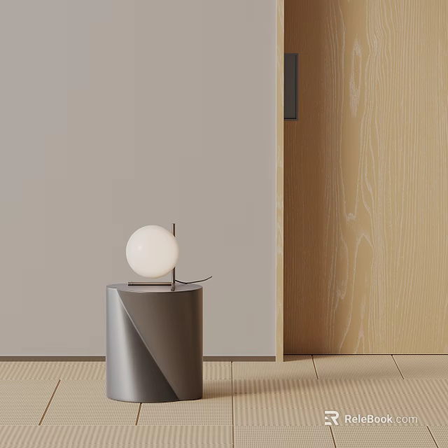 Modern Gray Cylindrical Side Table With White Spherical Lamp And Light Wood Wall 3d model 
