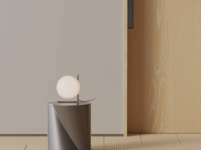 Modern Gray Cylindrical Side Table With White Spherical Lamp And Light Wood Wall 3d model