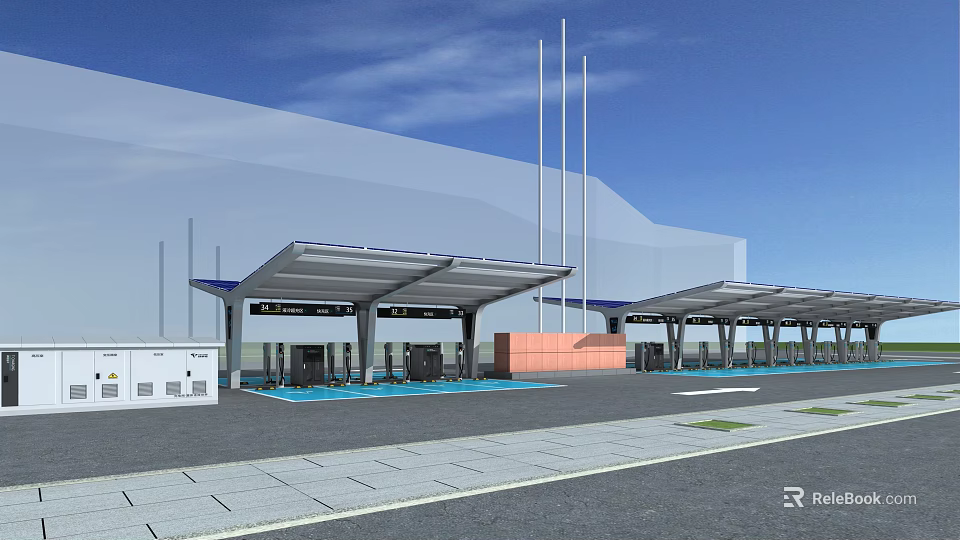 Modern Toll Booth Facility With Covered Lanes And Paved Ground Area 3d model 