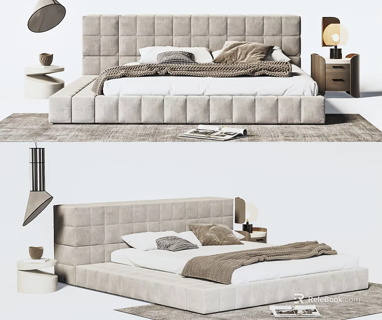 Modern Upholstered Double Bed With Plush Pillows Cozy Blanket Bedside Table And Table Lamp 3d model