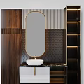 Modern Luxury Bathroom Sink Vanity With Gold Frame Oval Mirror And Marble Countertop