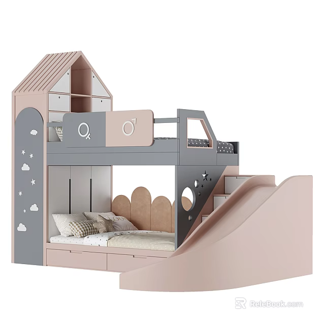 Kids Pink And Gray Bunk Bed With House Shaped Design Slide And Star Decorations 3d model 