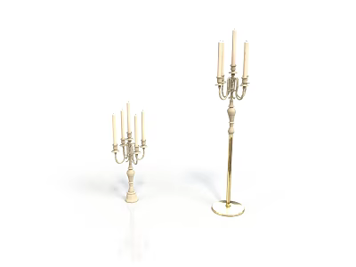 Elegant Golden Candelabras in Different Sizes with Candles on White Surface 3d model